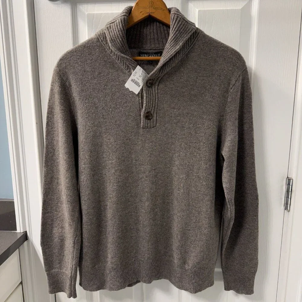 NWT J. Crew Mercantile Wool Blend Brown Shawl Collar Pullover Sweater Size Large